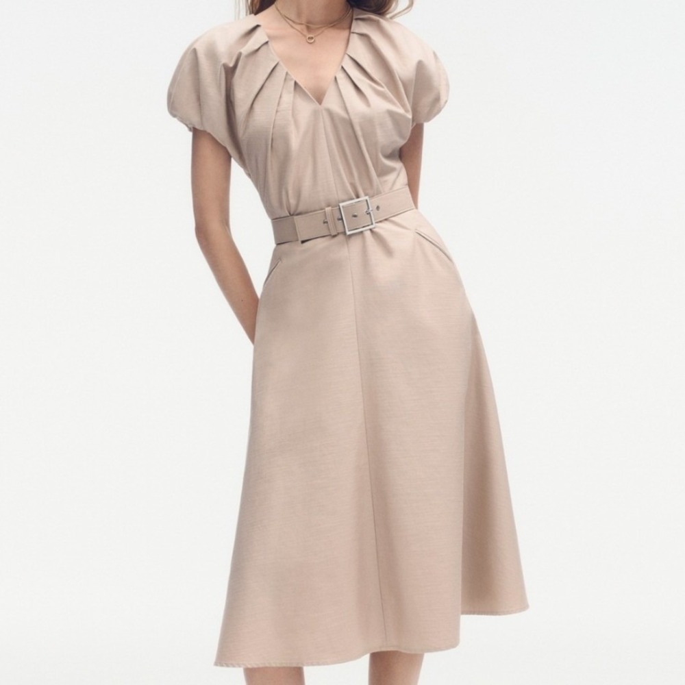 DKNY Belted Midi Dress Womens 6 New Tan Puff Sleeve Pleated V-Neck MSRP $139